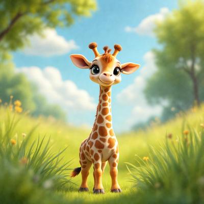 The primary subject of the image is a cartoon giraffe standing in a grassy field. The setting is a lush green field with trees in the background. The visual style is a digital art or illustration, giving the image a whimsical and playful appearance. The colors are predominantly green and yellow, creating a warm and inviting atmosphere.